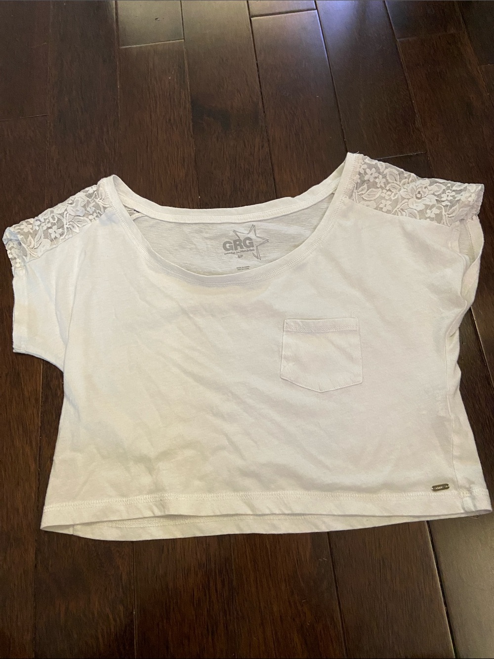Garage White Short Sleeve Lace Shoulder Crop Tee